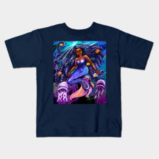 mermaid underwater with flowing shimmering blue black braids fish and jelly fish  , brown eyes curly Afro hair and caramel brown skin Kids T-Shirt